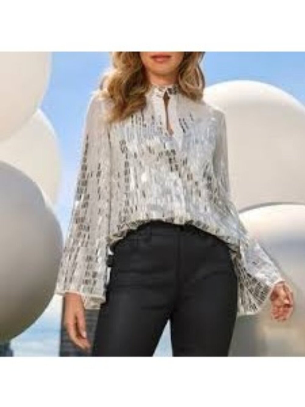 Boston Proper White & Silver Sequin 2 Pc  Button-Front Blouse Small NWT